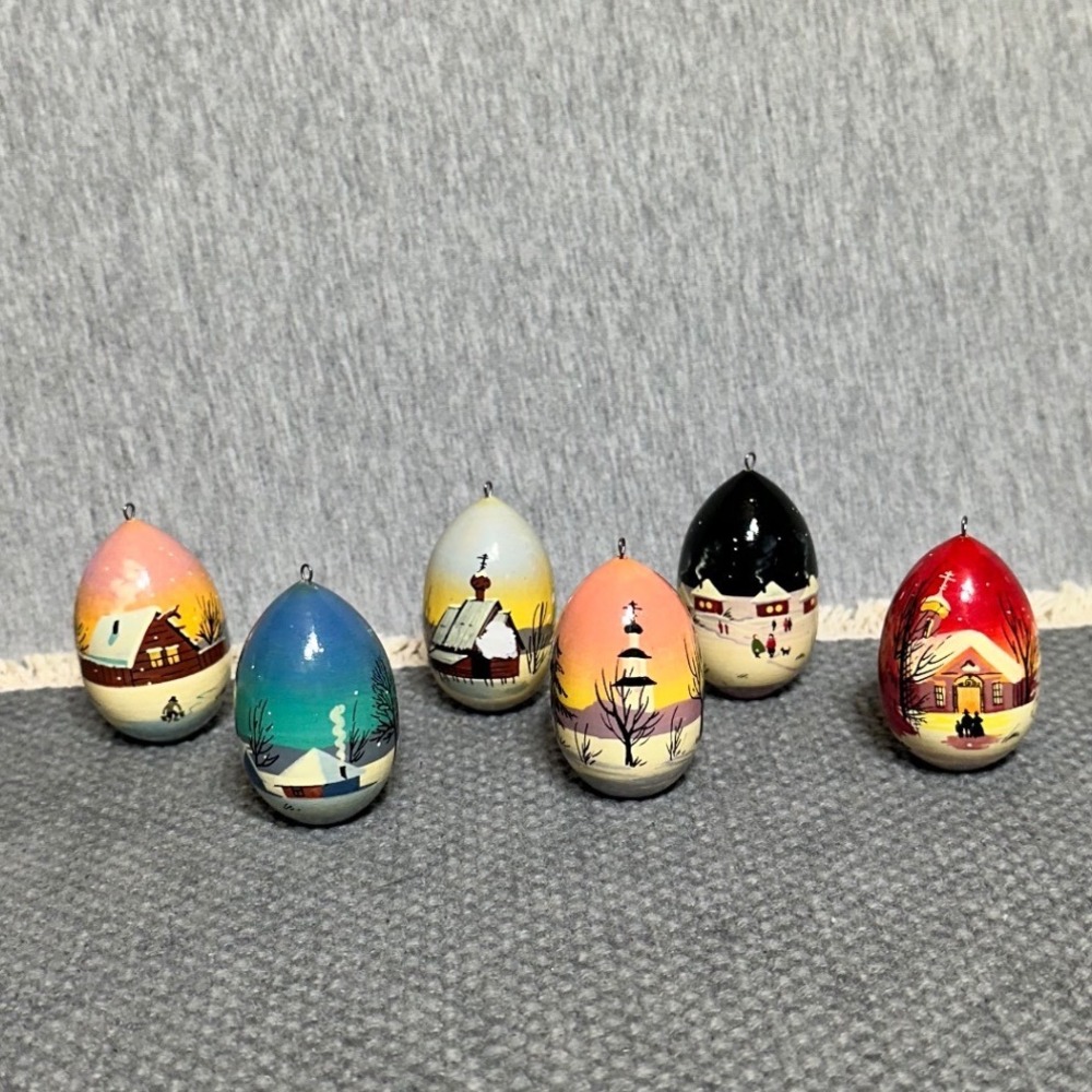 Vintage Hand Painted Russian Wooden Egg Ornaments Winter Village Set of 6